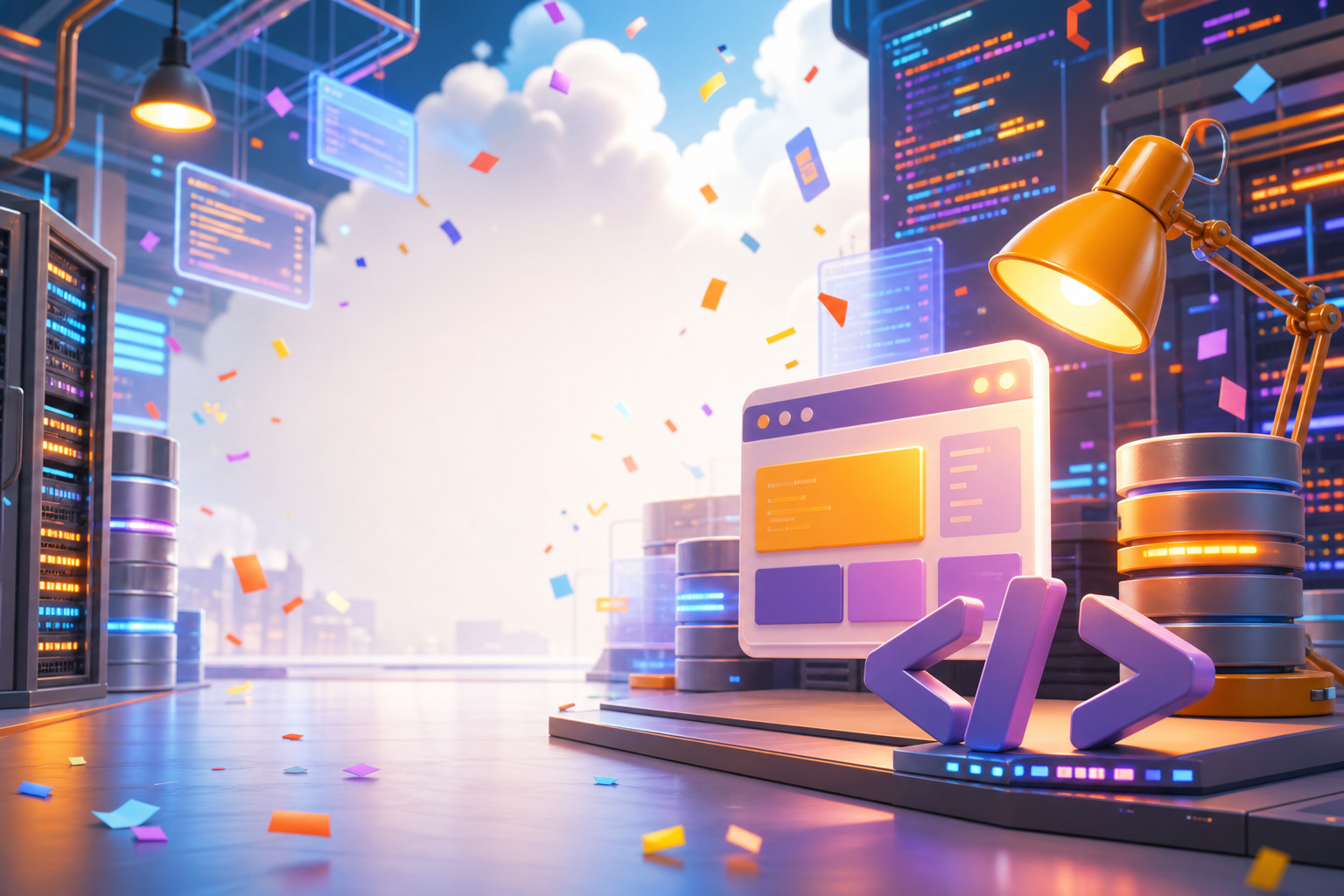 Colorful server room illustration with glowing web panels